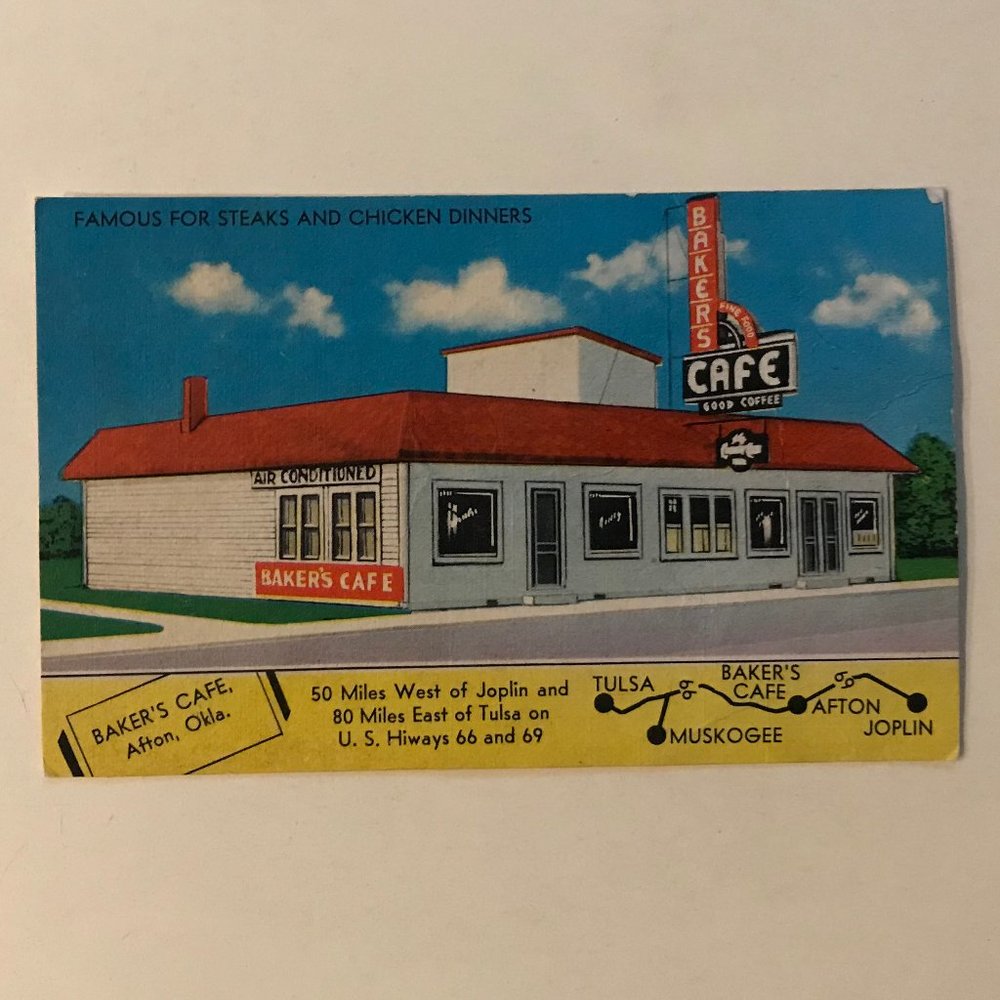 VINTAGE Baker's Cafe, Afton, OK, postcard UNUSED